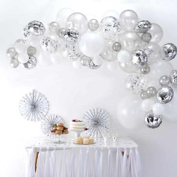 Ballongirlande silber weiß 4m, 70 Luftballons